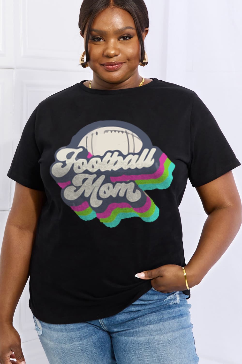 Simply Love Full Size FOOTBALL MOM Graphic Cotton Tee BLUE ZONE PLANET