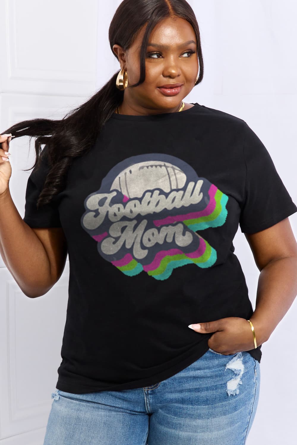 Simply Love Full Size FOOTBALL MOM Graphic Cotton Tee BLUE ZONE PLANET