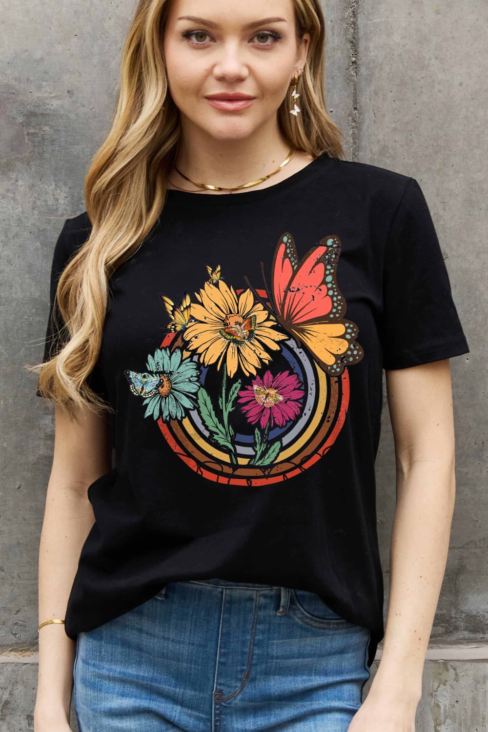 Simply Love Full Size Flower & Butterfly Graphic Cotton Tee BLUE ZONE PLANET