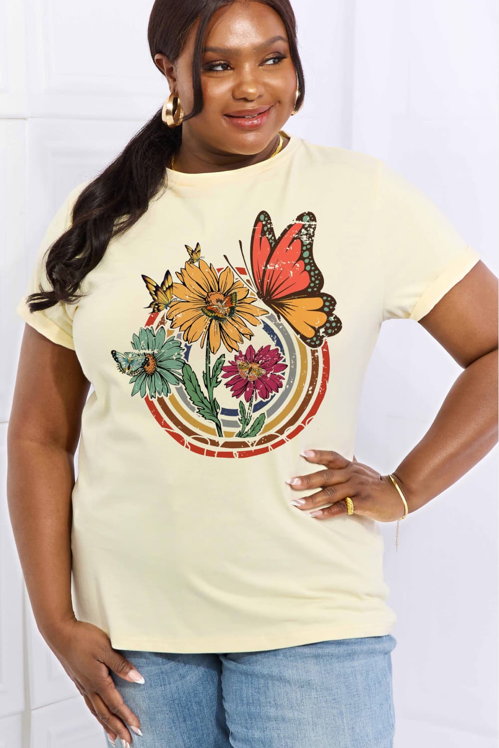 Simply Love Full Size Flower & Butterfly Graphic Cotton Tee BLUE ZONE PLANET