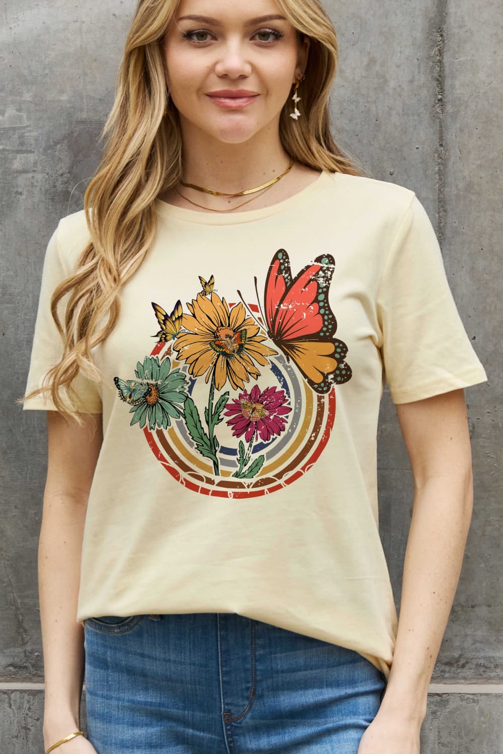 Simply Love Full Size Flower & Butterfly Graphic Cotton Tee BLUE ZONE PLANET