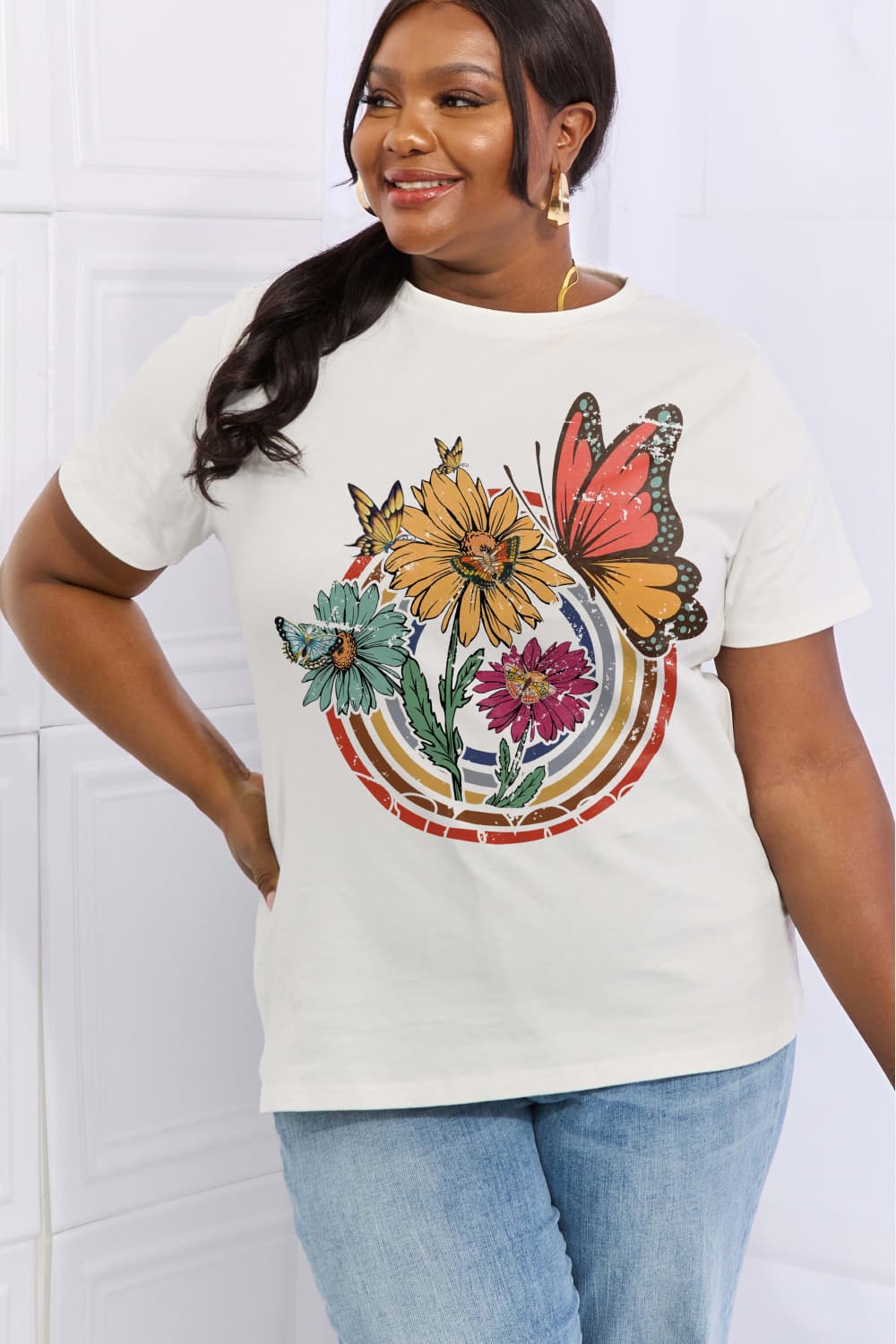 Simply Love Full Size Flower & Butterfly Graphic Cotton Tee BLUE ZONE PLANET