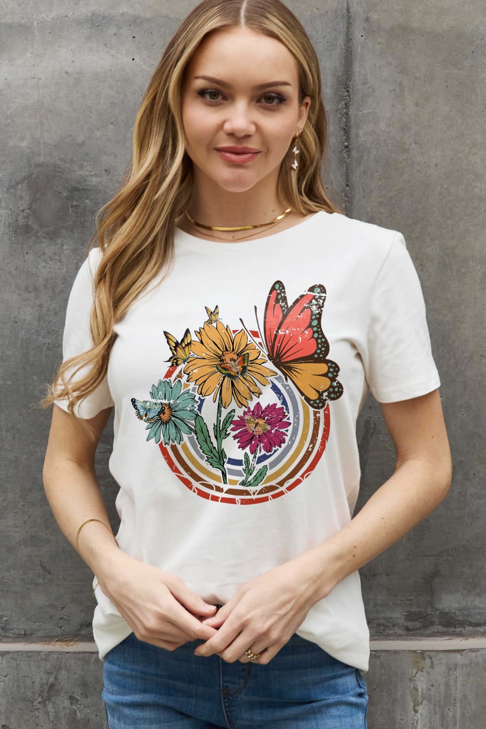 Simply Love Full Size Flower & Butterfly Graphic Cotton Tee BLUE ZONE PLANET