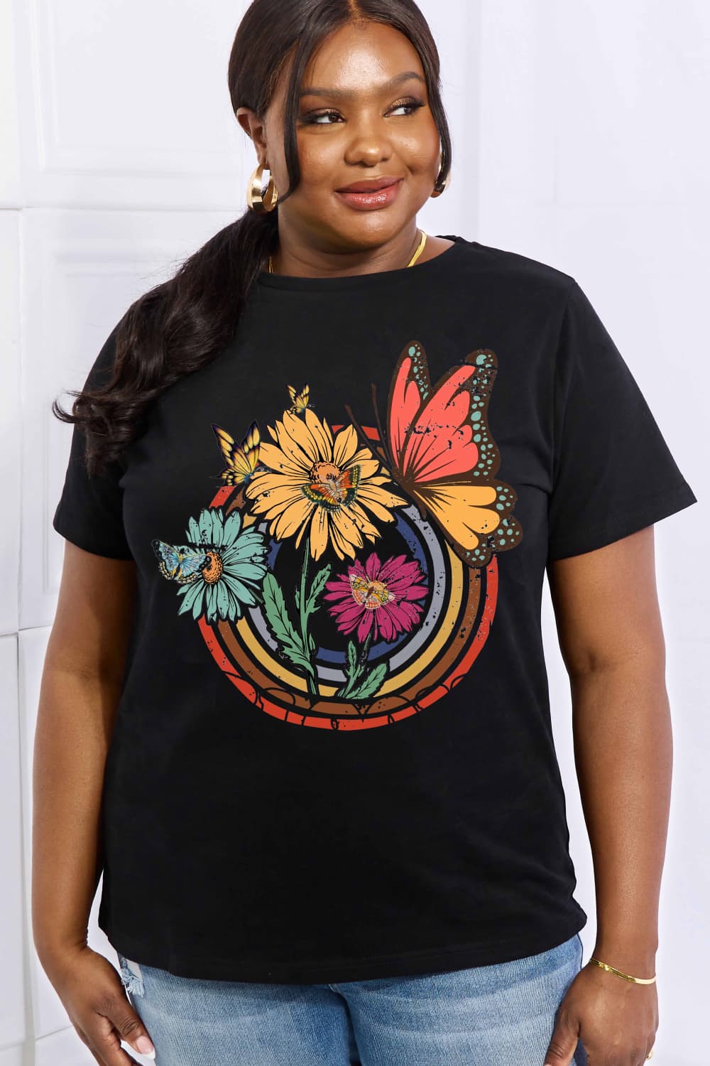 Simply Love Full Size Flower & Butterfly Graphic Cotton Tee BLUE ZONE PLANET