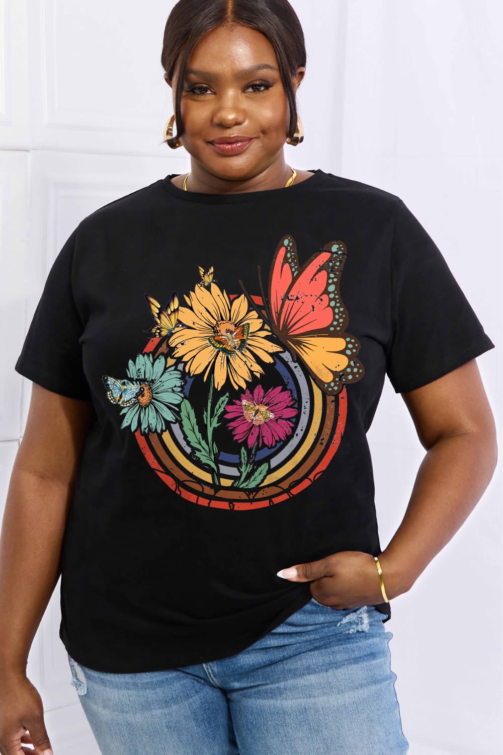 Simply Love Full Size Flower & Butterfly Graphic Cotton Tee BLUE ZONE PLANET