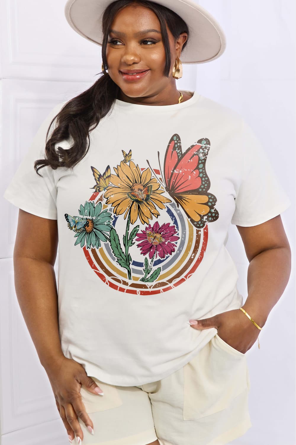 Simply Love Full Size Flower & Butterfly Graphic Cotton Tee BLUE ZONE PLANET