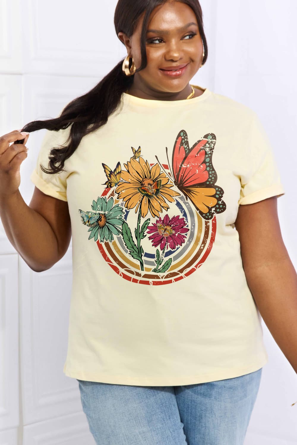 Simply Love Full Size Flower & Butterfly Graphic Cotton Tee BLUE ZONE PLANET