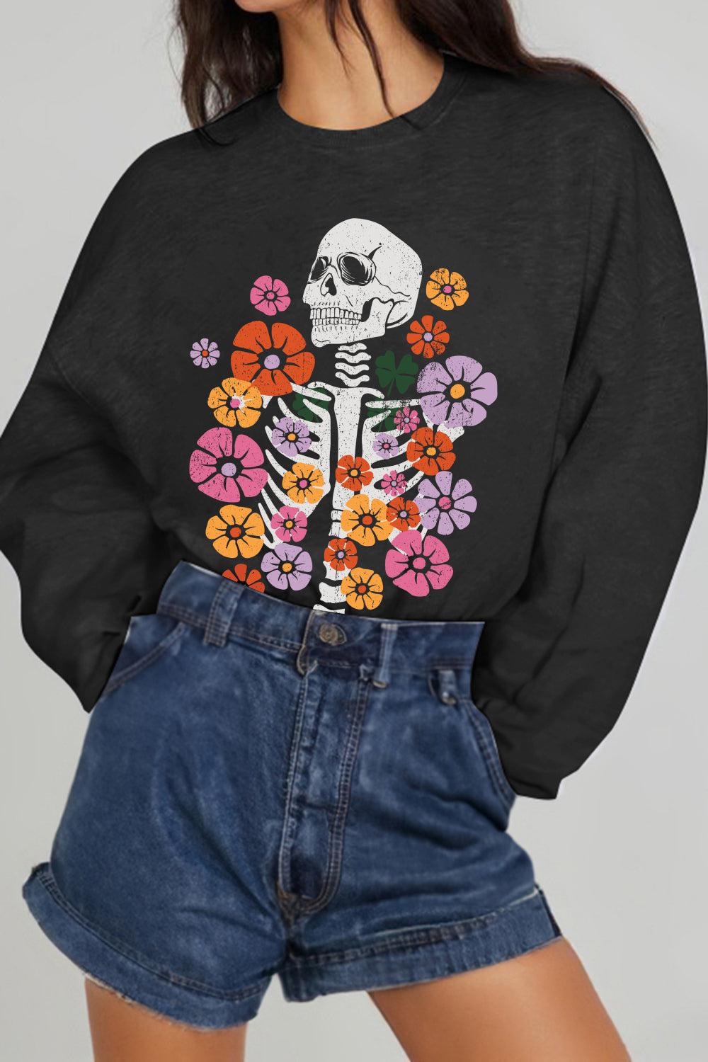 Simply Love Full Size Flower Skeleton Graphic Sweatshirt BLUE ZONE PLANET