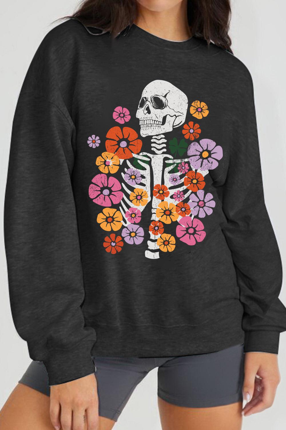 Simply Love Full Size Flower Skeleton Graphic Sweatshirt BLUE ZONE PLANET