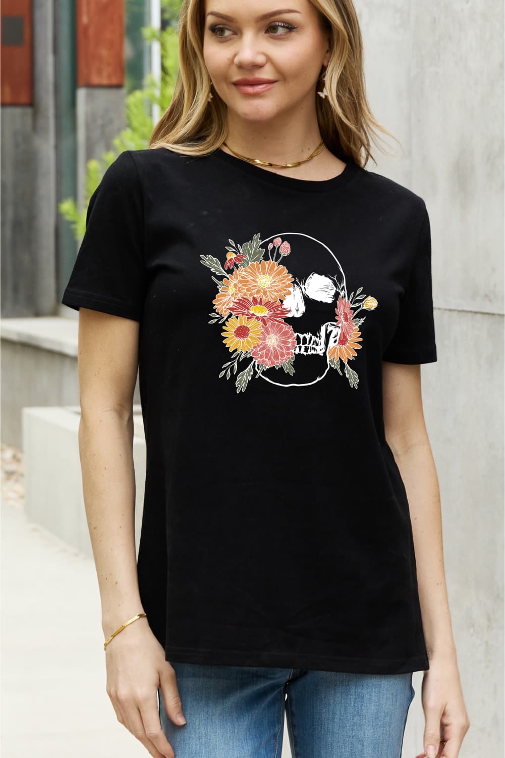 Simply Love Full Size Flower Skull Graphic Cotton Tee BLUE ZONE PLANET