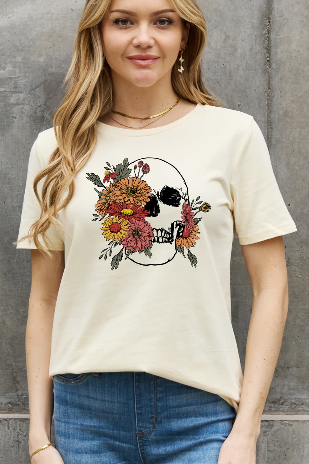 Simply Love Full Size Flower Skull Graphic Cotton Tee BLUE ZONE PLANET