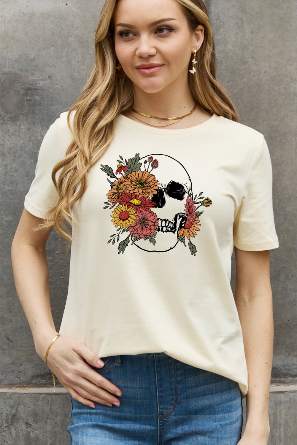 Simply Love Full Size Flower Skull Graphic Cotton Tee BLUE ZONE PLANET