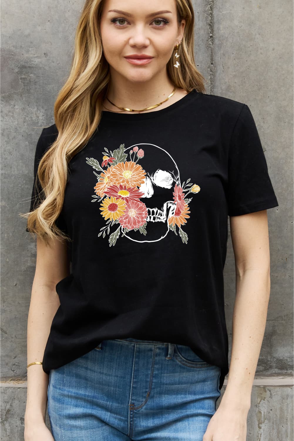 Simply Love Full Size Flower Skull Graphic Cotton Tee BLUE ZONE PLANET