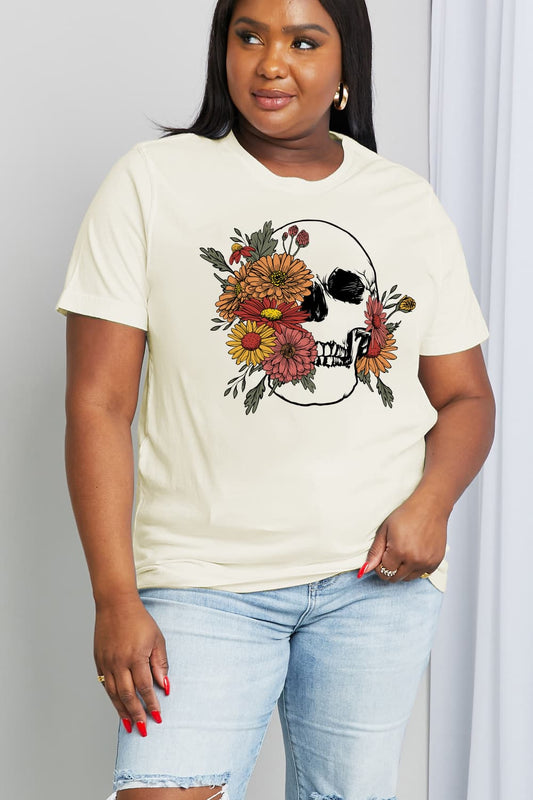 Simply Love Full Size Flower Skull Graphic Cotton Tee BLUE ZONE PLANET