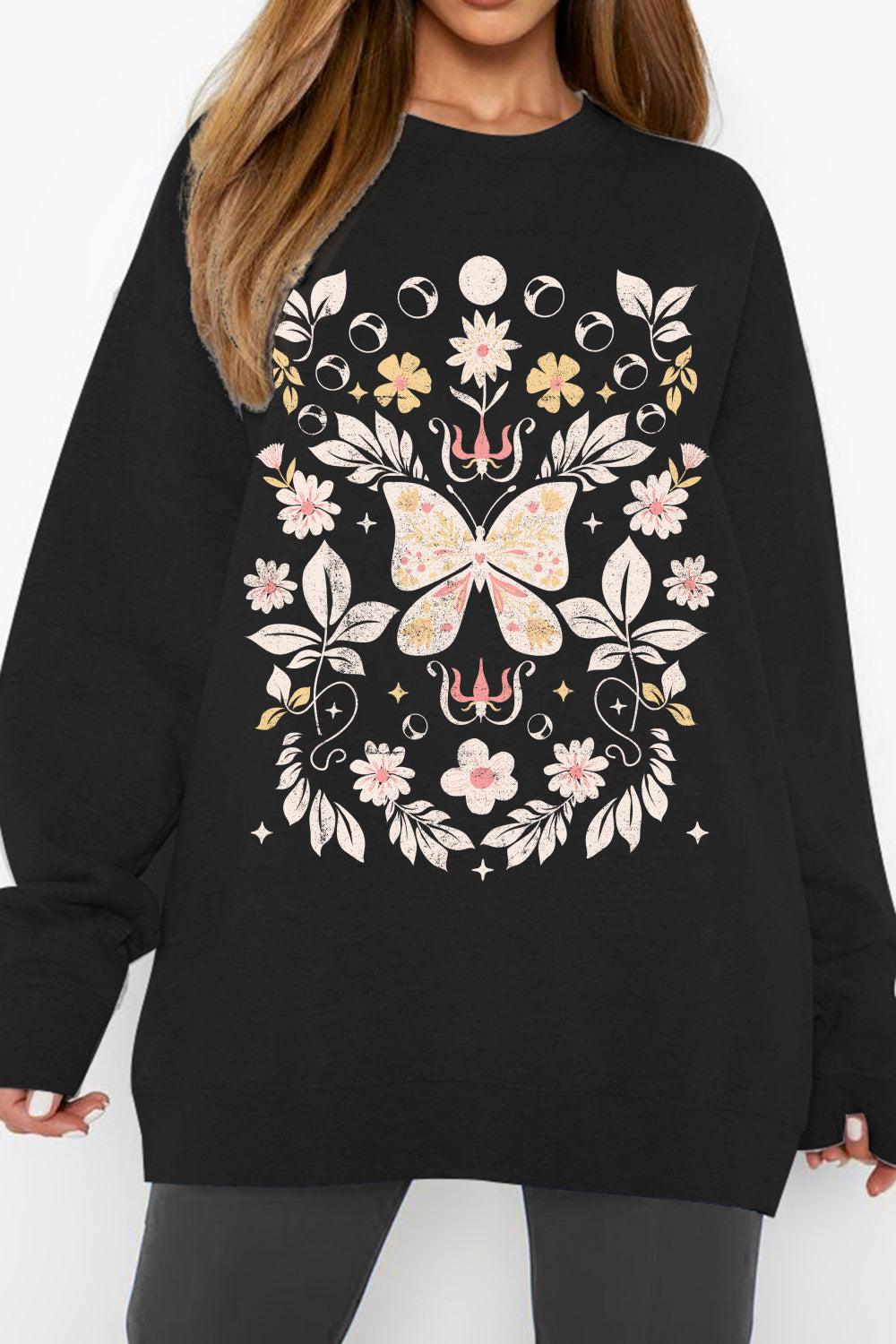 Simply Love Full Size Flower and Butterfly Graphic Sweatshirt BLUE ZONE PLANET