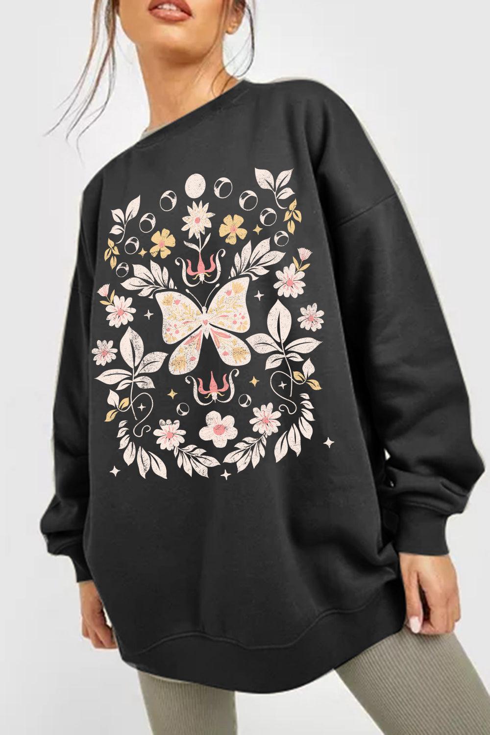 Simply Love Full Size Flower and Butterfly Graphic Sweatshirt BLUE ZONE PLANET