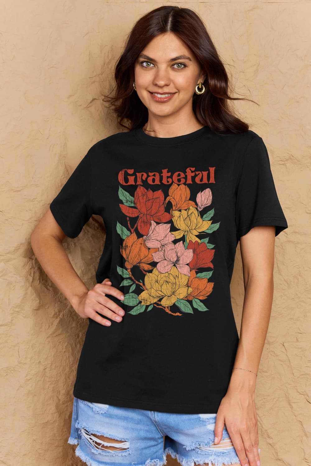 Simply Love Full Size GRATEFUL Flower Graphic Cotton T-Shirt BLUE ZONE PLANET