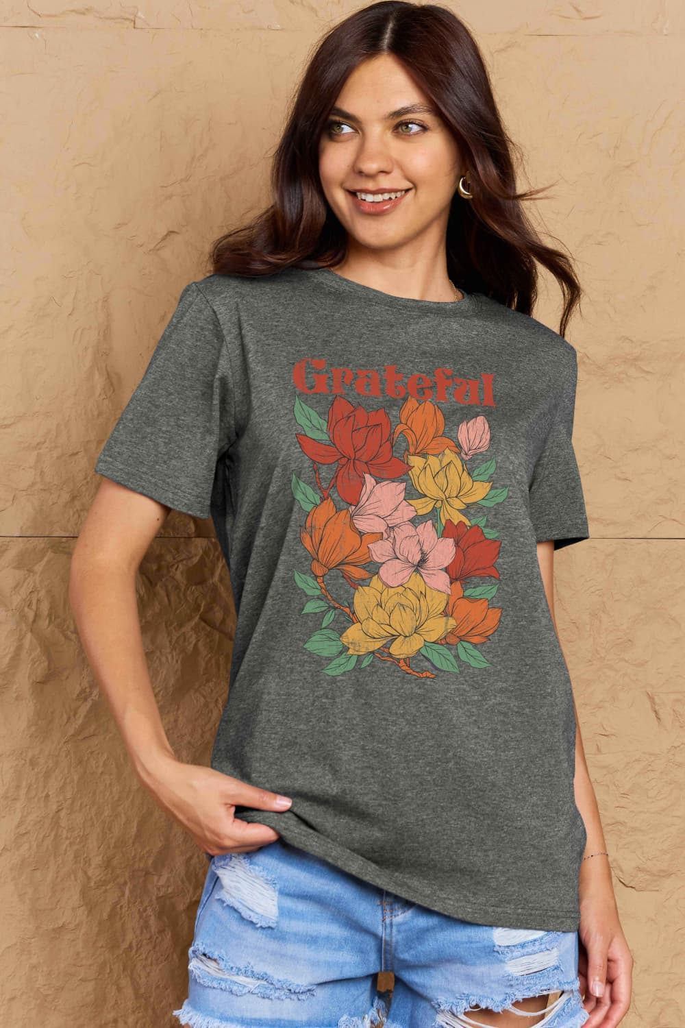 Simply Love Full Size GRATEFUL Flower Graphic Cotton T-Shirt BLUE ZONE PLANET