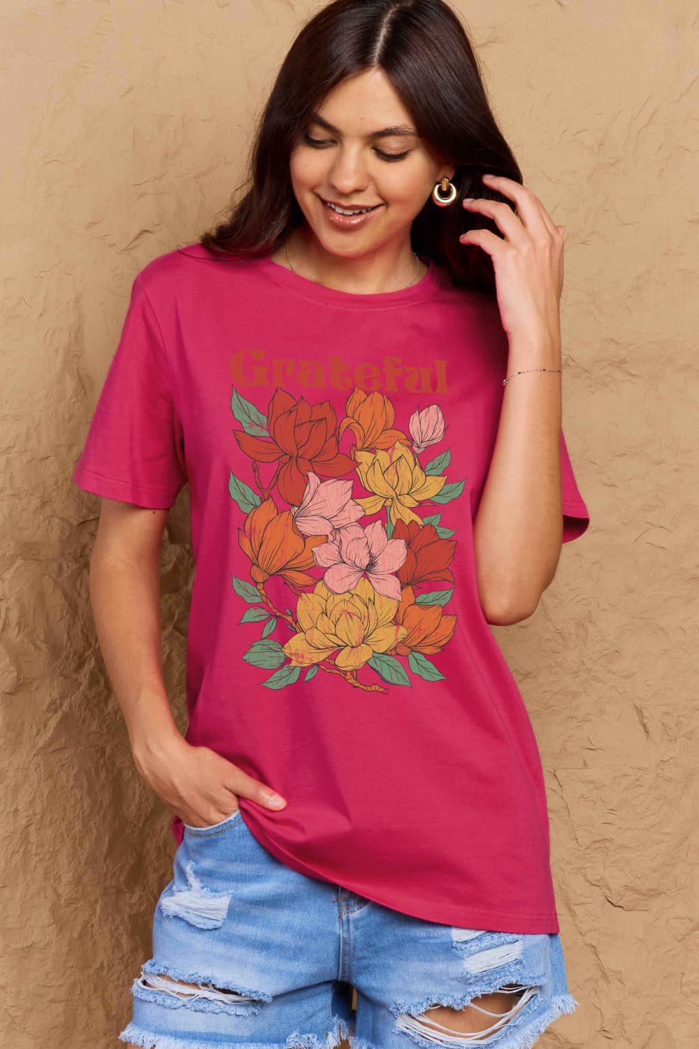 Simply Love Full Size GRATEFUL Flower Graphic Cotton T-Shirt BLUE ZONE PLANET