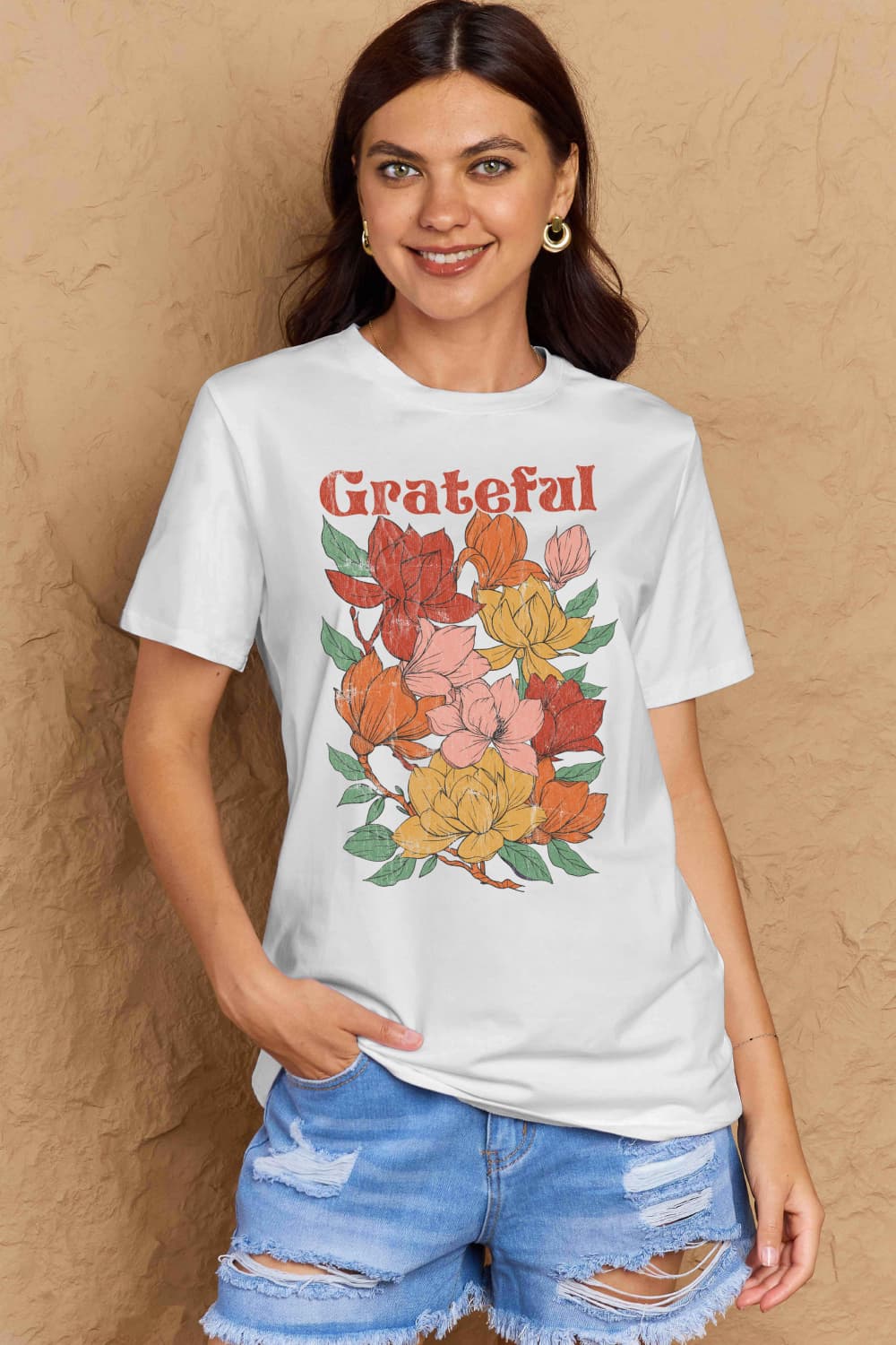 Simply Love Full Size GRATEFUL Flower Graphic Cotton T-Shirt BLUE ZONE PLANET