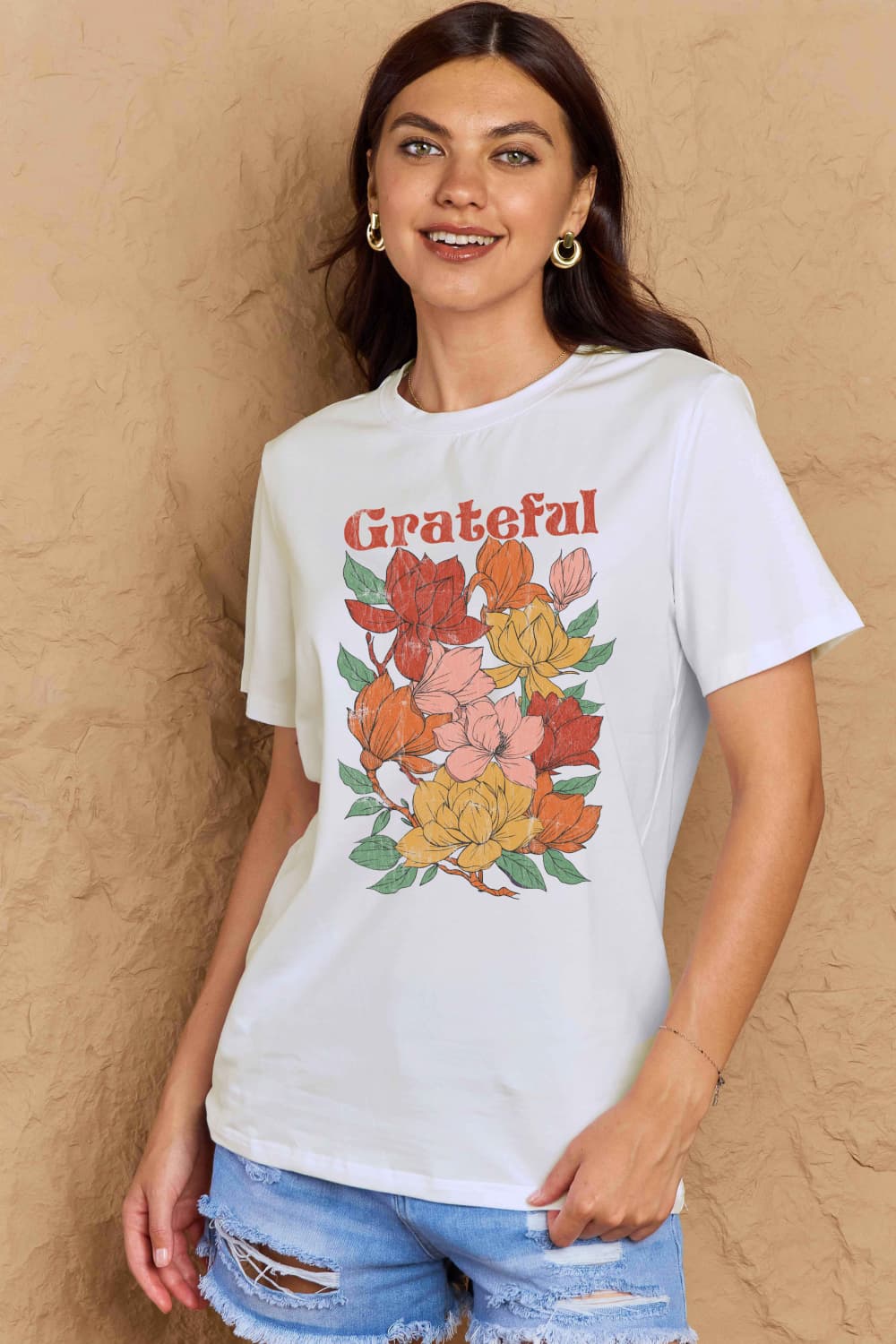 Simply Love Full Size GRATEFUL Flower Graphic Cotton T-Shirt BLUE ZONE PLANET