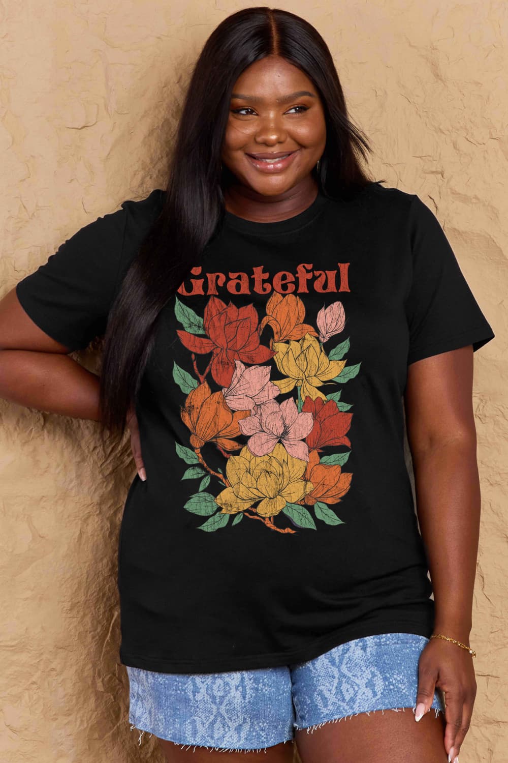 Simply Love Full Size GRATEFUL Flower Graphic Cotton T-Shirt BLUE ZONE PLANET