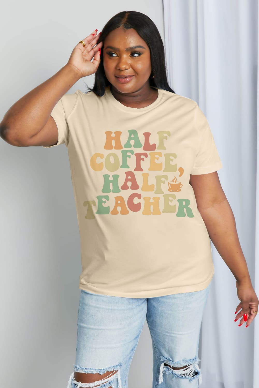 Simply Love Full Size HALF COFFEE HALF TEACHER Graphic Cotton Tee BLUE ZONE PLANET