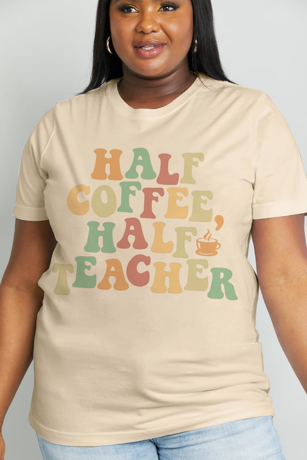 Simply Love Full Size HALF COFFEE HALF TEACHER Graphic Cotton Tee BLUE ZONE PLANET