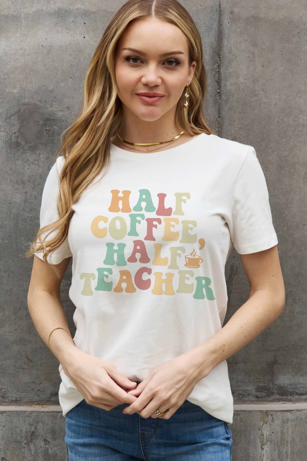 Simply Love Full Size HALF COFFEE HALF TEACHER Graphic Cotton Tee BLUE ZONE PLANET