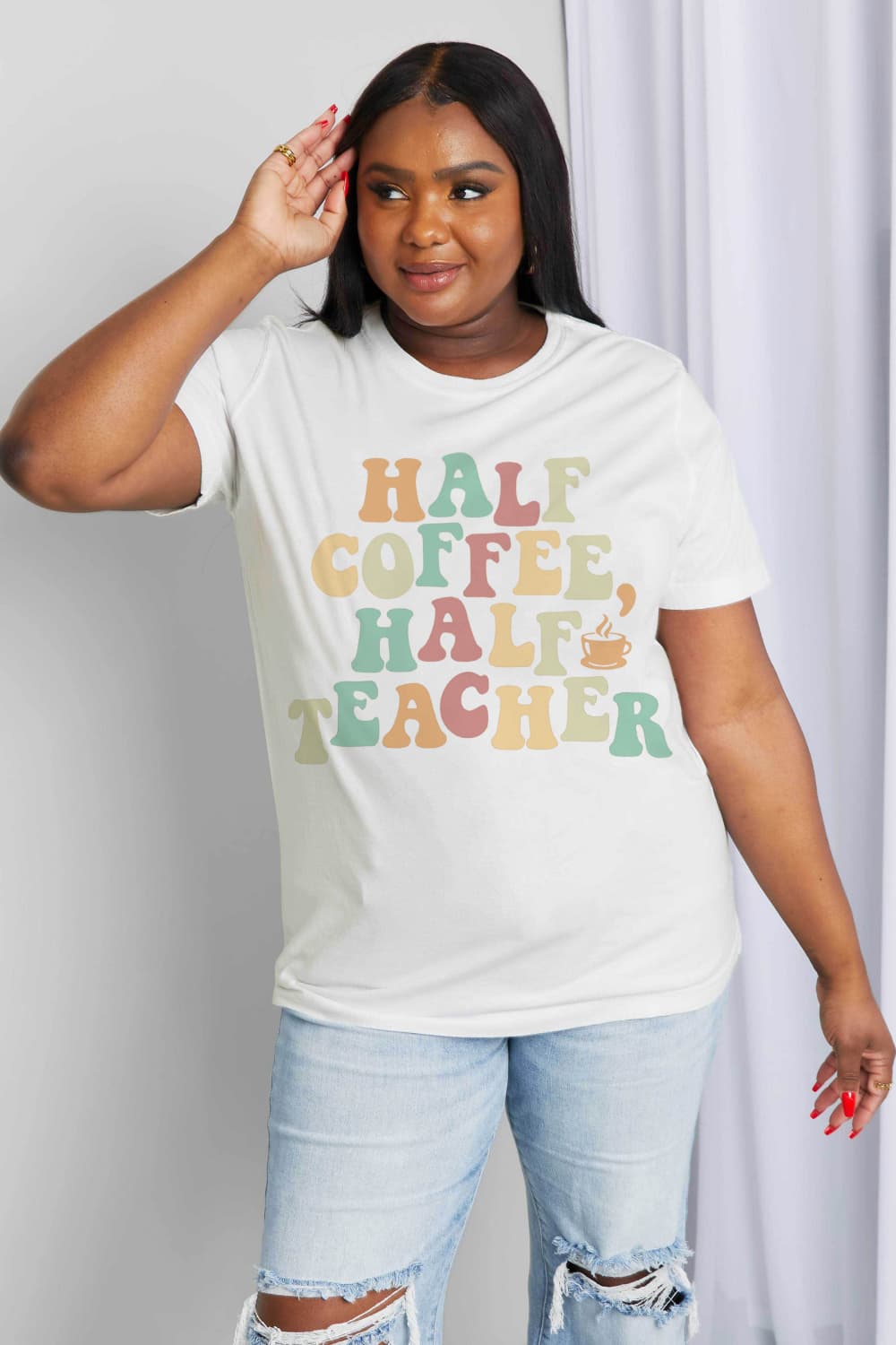 Simply Love Full Size HALF COFFEE HALF TEACHER Graphic Cotton Tee BLUE ZONE PLANET