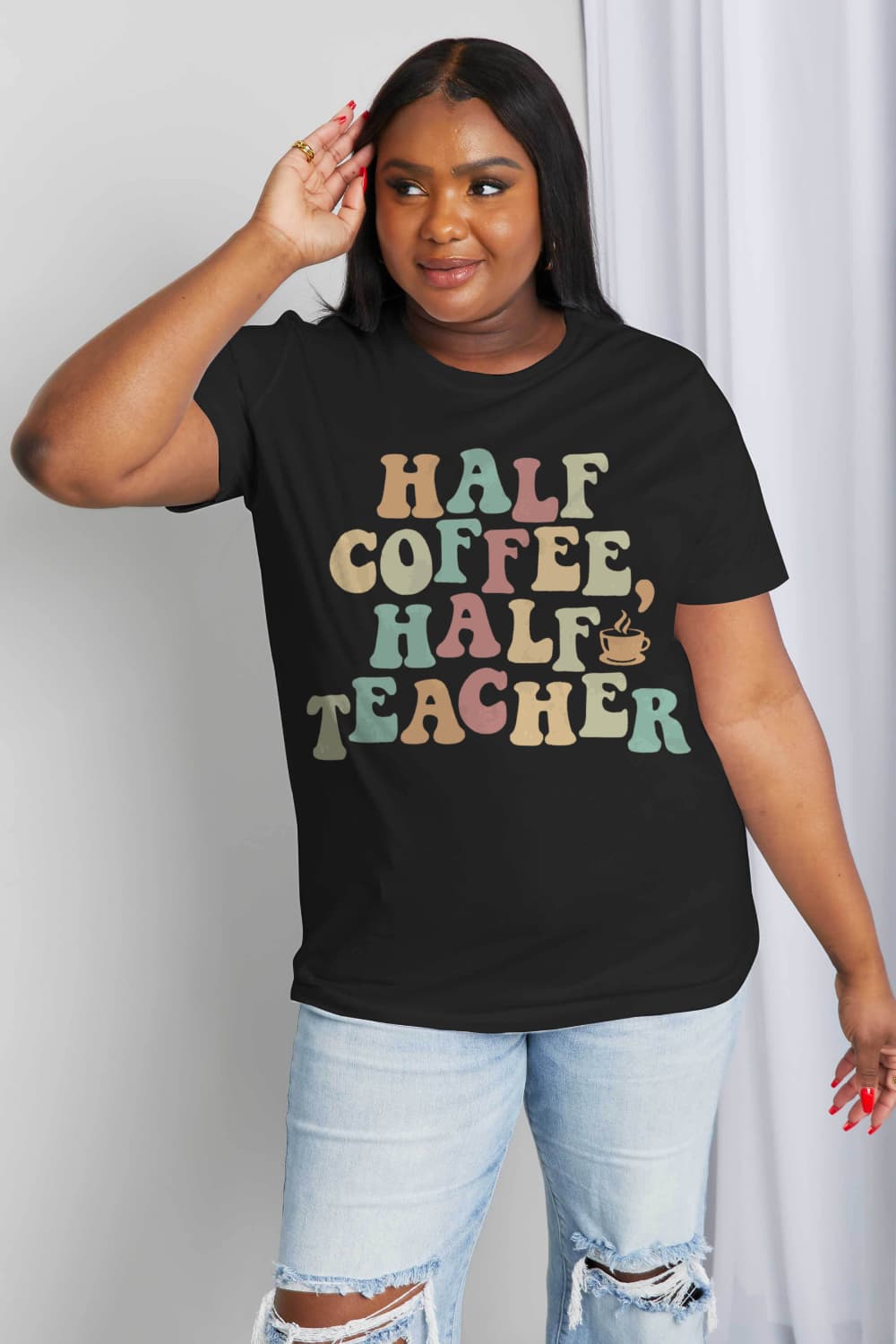 Simply Love Full Size HALF COFFEE HALF TEACHER Graphic Cotton Tee BLUE ZONE PLANET