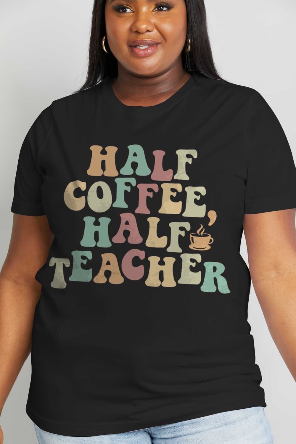 Simply Love Full Size HALF COFFEE HALF TEACHER Graphic Cotton Tee BLUE ZONE PLANET