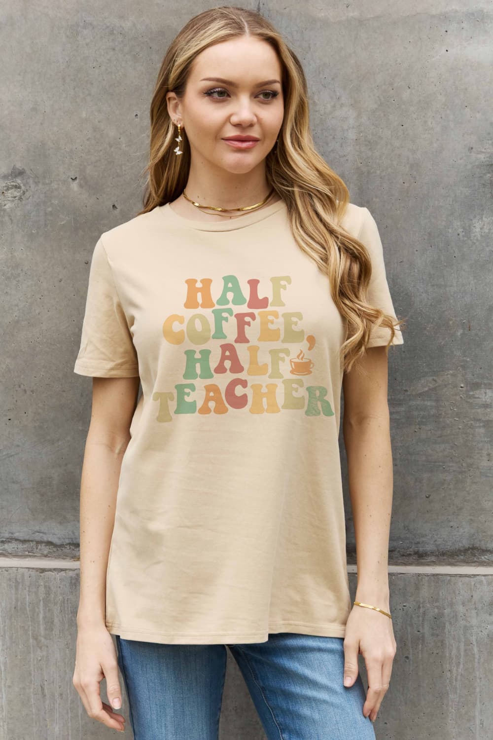 Simply Love Full Size HALF COFFEE HALF TEACHER Graphic Cotton Tee BLUE ZONE PLANET