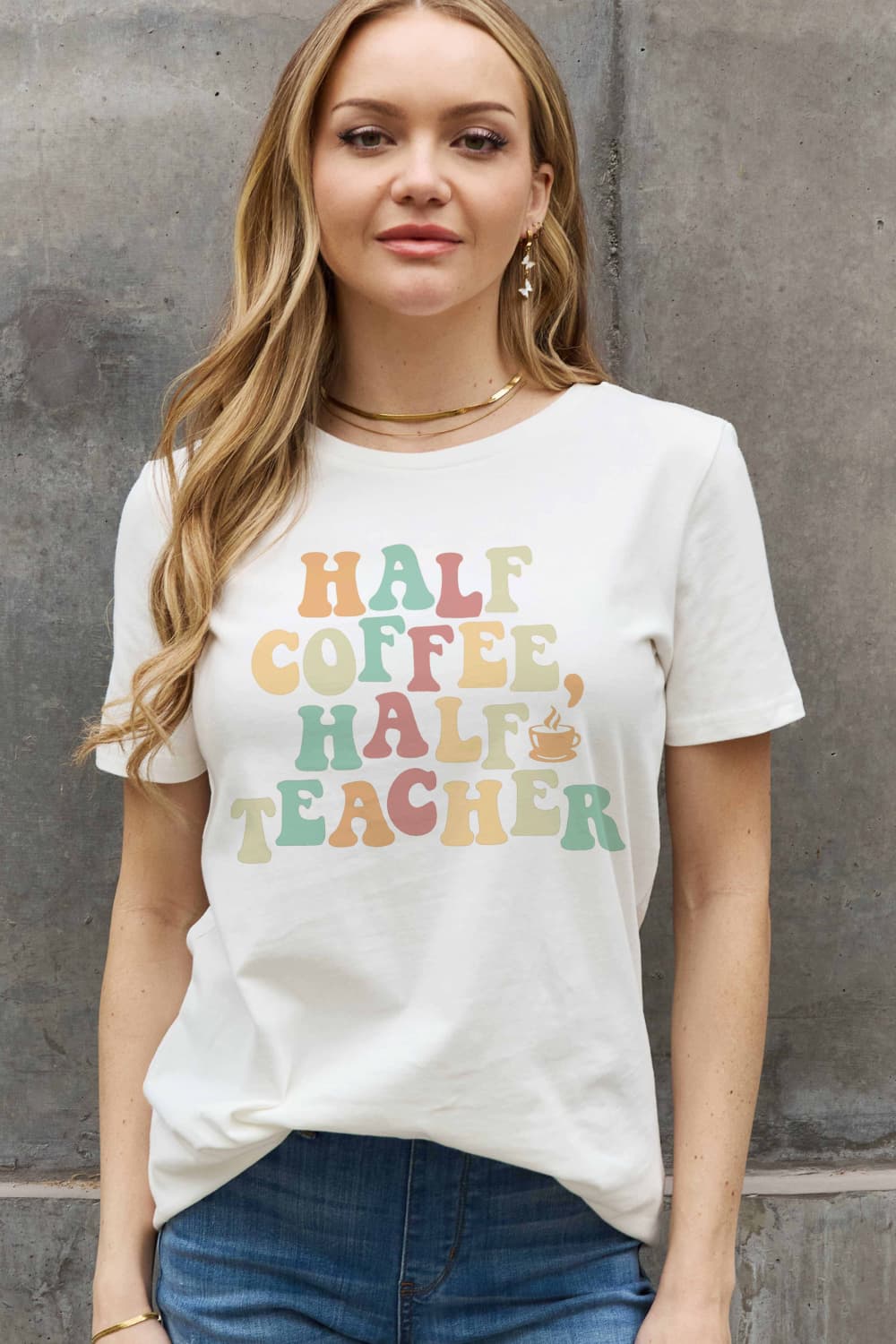 Simply Love Full Size HALF COFFEE HALF TEACHER Graphic Cotton Tee BLUE ZONE PLANET