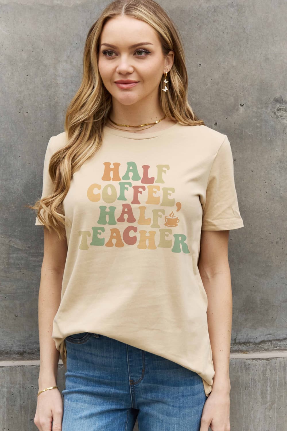 Simply Love Full Size HALF COFFEE HALF TEACHER Graphic Cotton Tee BLUE ZONE PLANET