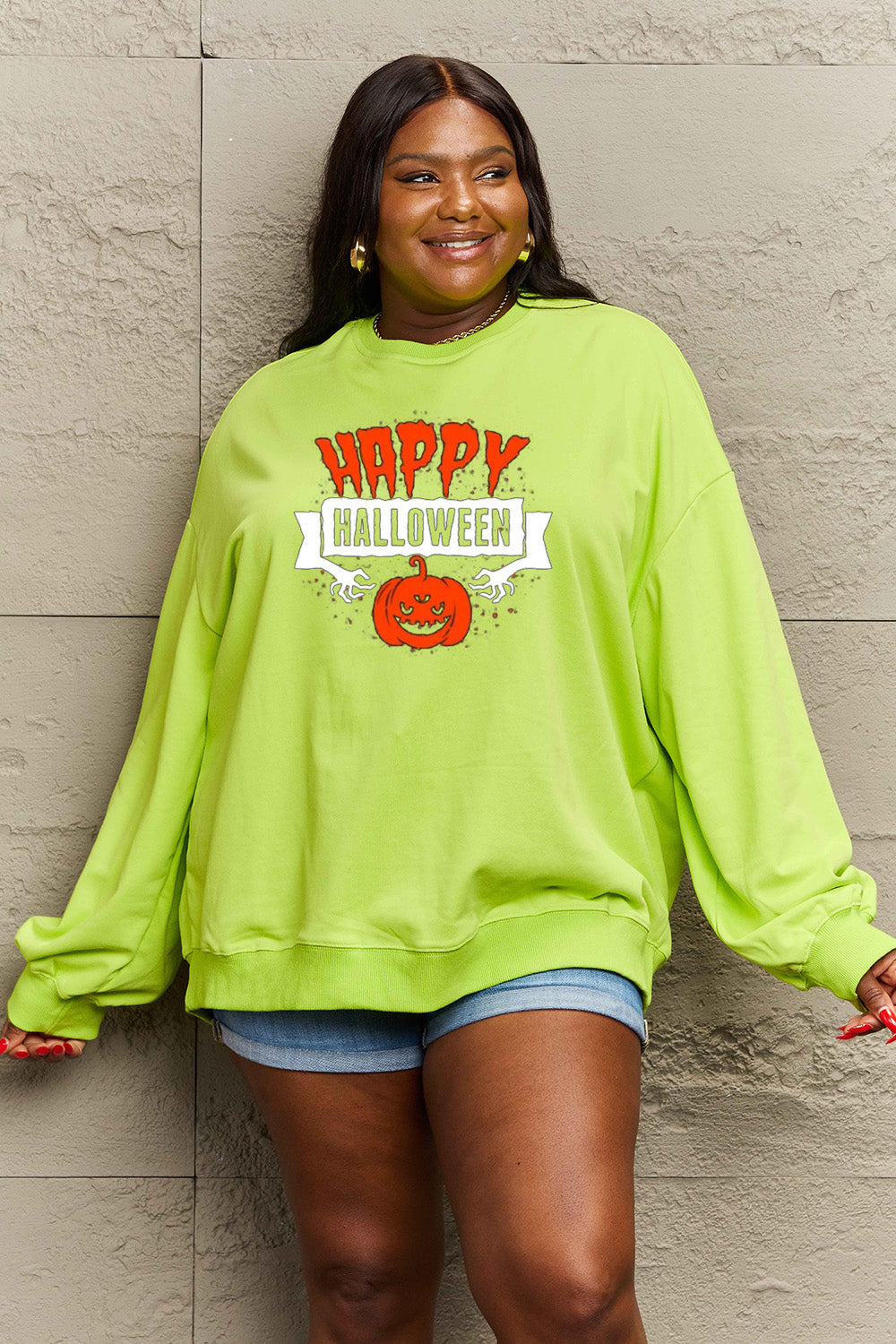 Simply Love Full Size HAPPY HALLOWEEN Graphic Sweatshirt BLUE ZONE PLANET