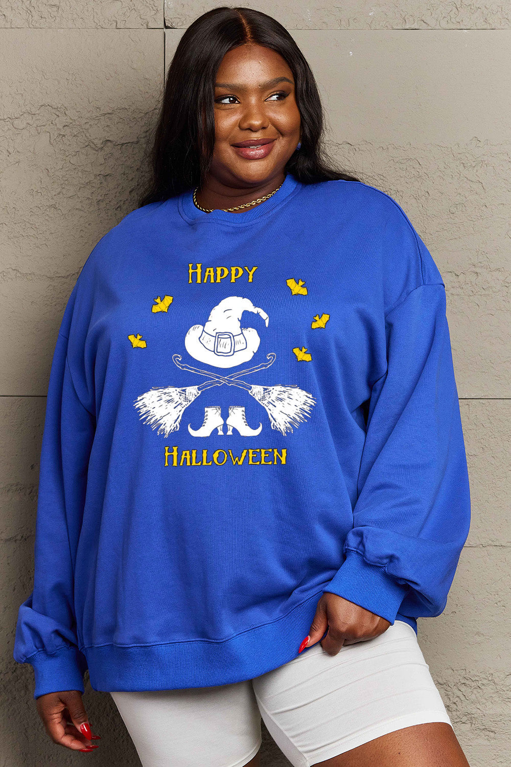 Simply Love Full Size HAPPY HALLOWEEN Graphic Sweatshirt BLUE ZONE PLANET