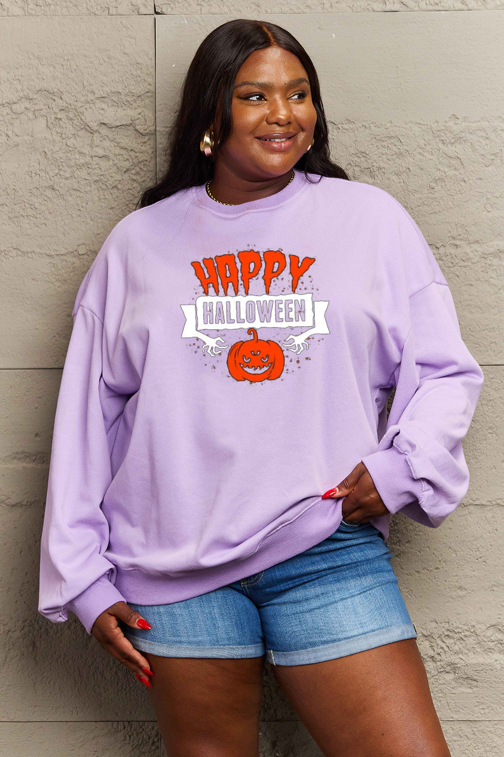 Simply Love Full Size HAPPY HALLOWEEN Graphic Sweatshirt BLUE ZONE PLANET