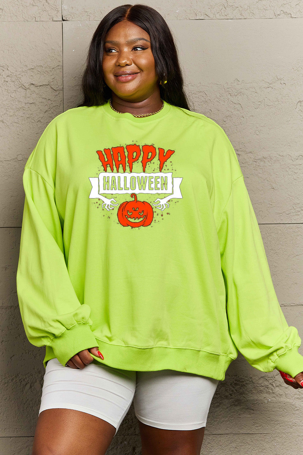 Simply Love Full Size HAPPY HALLOWEEN Graphic Sweatshirt BLUE ZONE PLANET