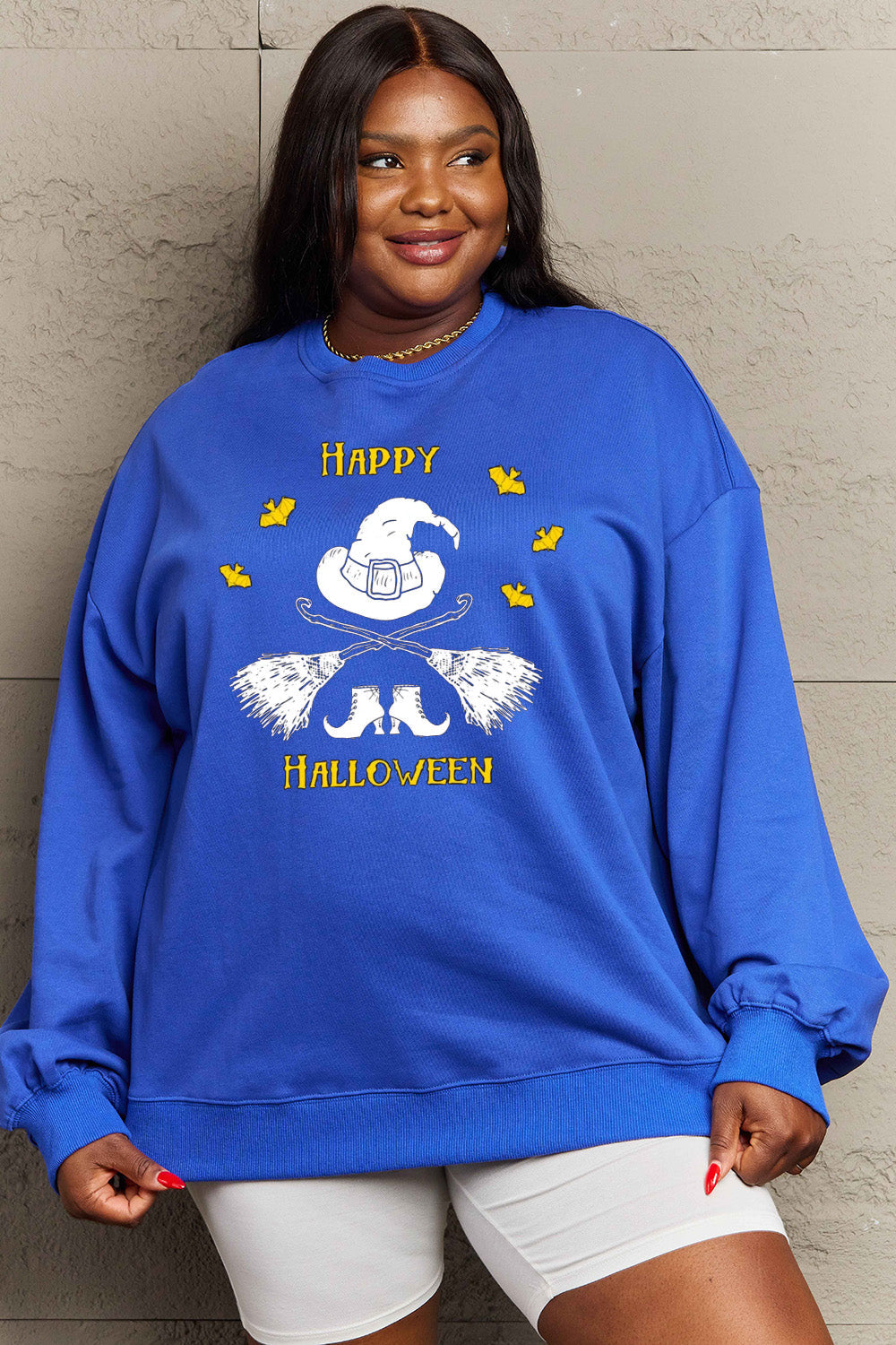 Simply Love Full Size HAPPY HALLOWEEN Graphic Sweatshirt BLUE ZONE PLANET