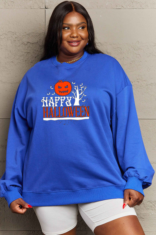 Simply Love Full Size HAPPY HALLOWEEN Graphic Sweatshirt BLUE ZONE PLANET