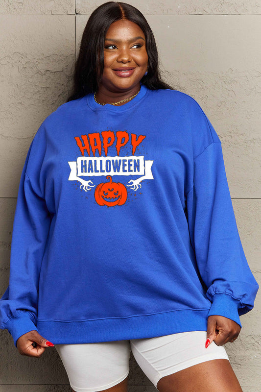 Simply Love Full Size HAPPY HALLOWEEN Graphic Sweatshirt BLUE ZONE PLANET
