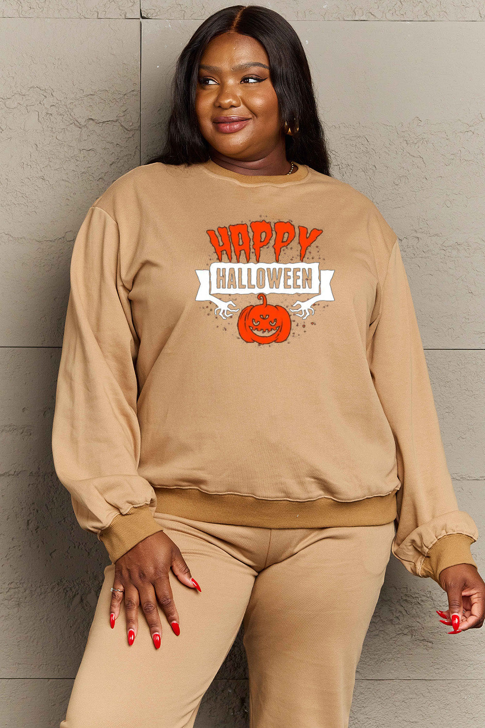 Simply Love Full Size HAPPY HALLOWEEN Graphic Sweatshirt BLUE ZONE PLANET