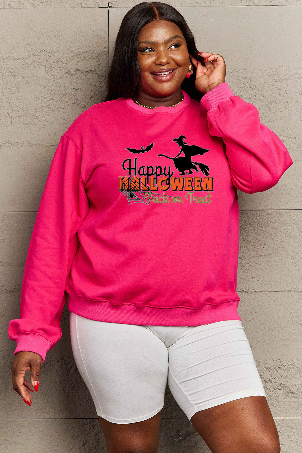 Simply Love Full Size HAPPY HALLOWEEN TRICK OR TREAT Graphic Sweatshirt BLUE ZONE PLANET