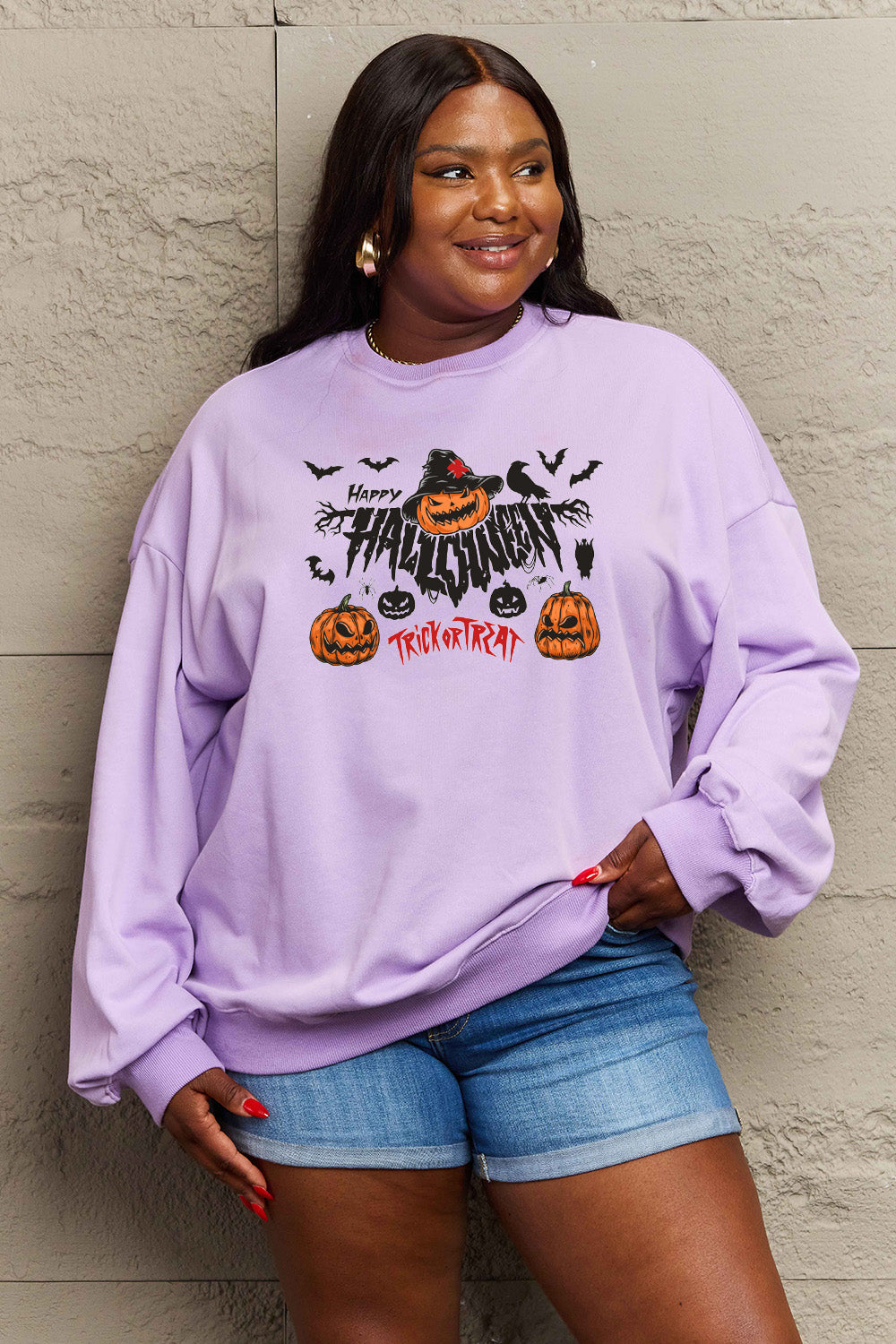 Simply Love Full Size HAPPY HALLOWEEN TRICK OR TREAT Graphic Sweatshirt BLUE ZONE PLANET