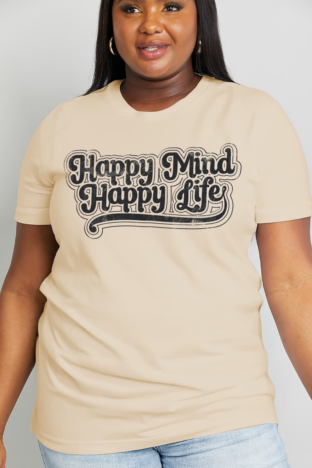 Simply Love Full Size HAPPY MIND HAPPY LIFE Graphic Cotton Tee BLUE ZONE PLANET