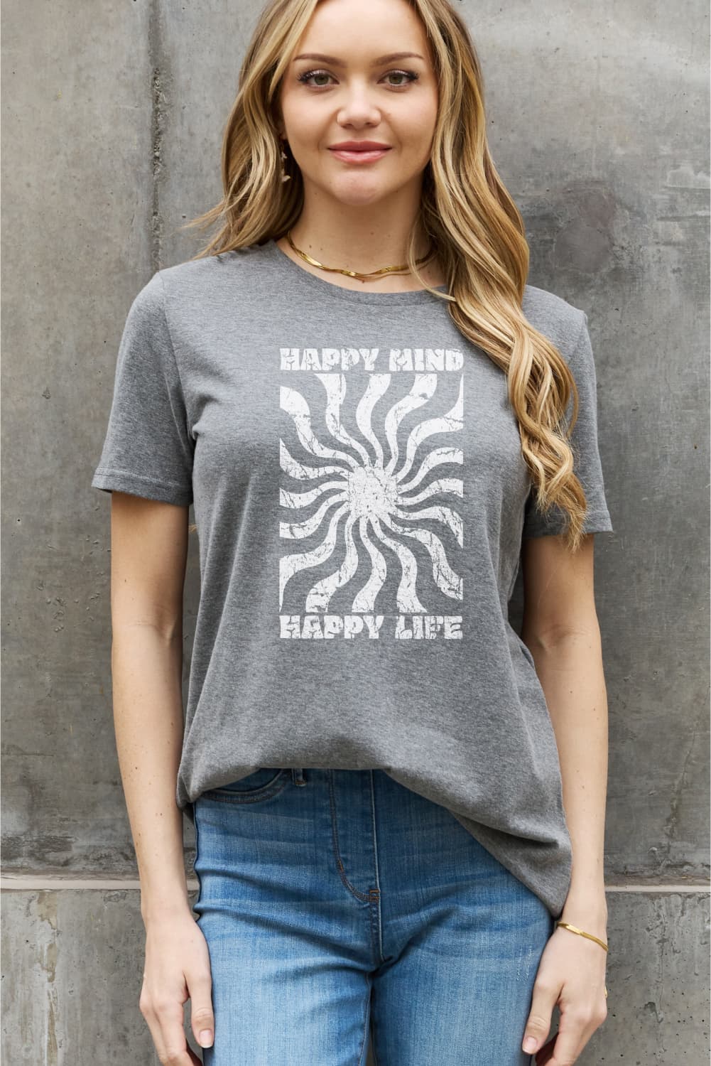 Simply Love Full Size HAPPY MIND HAPPY LIFE Graphic Cotton Tee BLUE ZONE PLANET