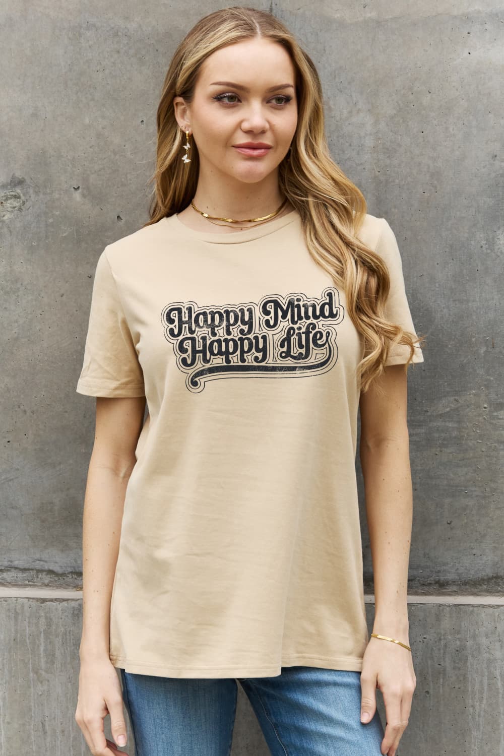 Simply Love Full Size HAPPY MIND HAPPY LIFE Graphic Cotton Tee BLUE ZONE PLANET