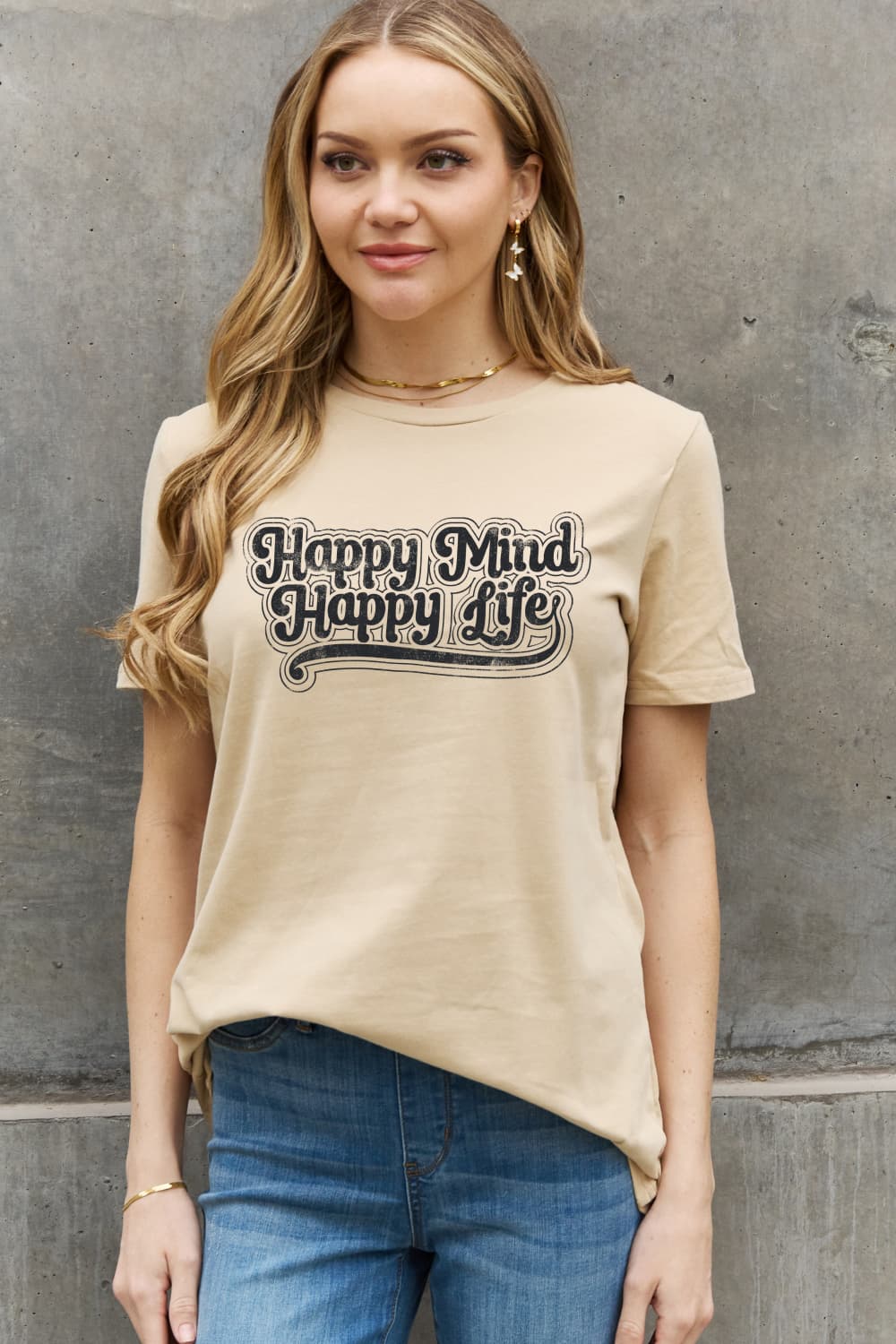 Simply Love Full Size HAPPY MIND HAPPY LIFE Graphic Cotton Tee BLUE ZONE PLANET