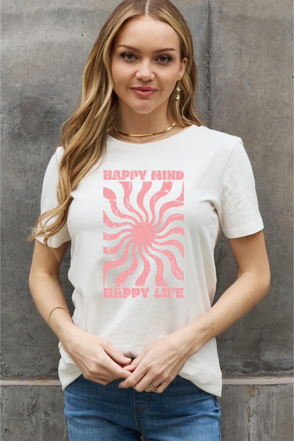 Simply Love Full Size HAPPY MIND HAPPY LIFE Graphic Cotton Tee BLUE ZONE PLANET